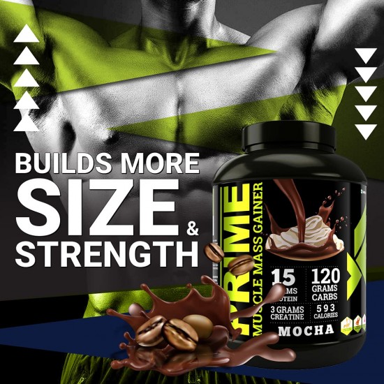 Bigflex Prime Muscle Mass Gainer, 3Kg [ Kesar Badam ] | High Protein and High Calorie Mass Gainer, Weight Gainer | 593 Calories | 15G Protein | 3G Creatine | With Added Digestive Enzymes
