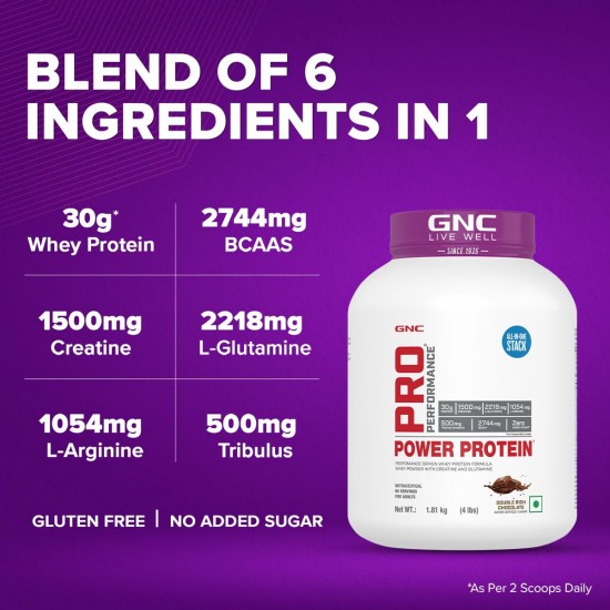 GNC Pro Performance Power Protein | 4 lbs | 60 Servings | Full Protein Stack | Muscle Mass Gains | Informed Choice Certified | 30g Protein | 2.2g L-Glutamine | 1.5g Creatine | Double Rich Chocolate
