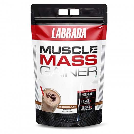 LABRADA Muscle Mass Gainer, CHOCOLATE (Gain Weight, Post-Workout, 52g Protein, 250g Carbs, 1g Creatine, 500mg L-Carnitine, 15 Servings) – 11 lbs (5 kg)