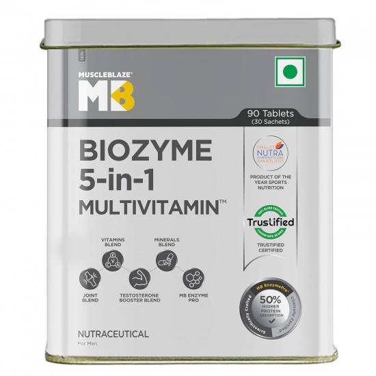 MuscleBlaze Biozyme Daily Multivitamin 5-in-1 Supplement with Vitamins, Minerals, Joint, T-Booster Blend for Higher Energy and Improved Performance Levels - Pack of 1 (90 Tablets) MuscleBlaze Biozyme Daily Multivitamin 5-in-1 Supplement with Vitamins, Minerals, Joint, T-Booster Blend for Higher Energy and Improved Performance Levels - Pack of 1 (90 Tablets)