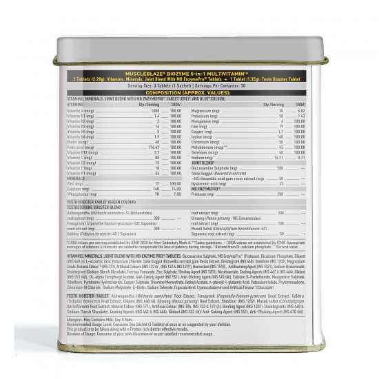 MuscleBlaze Biozyme Daily Multivitamin 5-in-1 Supplement with Vitamins, Minerals, Joint, T-Booster Blend for Higher Energy and Improved Performance Levels - Pack of 1 (90 Tablets) MuscleBlaze Biozyme Daily Multivitamin 5-in-1 Supplement with Vitamins, Minerals, Joint, T-Booster Blend for Higher Energy and Improved Performance Levels - Pack of 1 (90 Tablets)