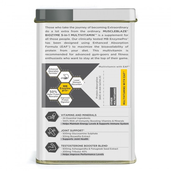 MuscleBlaze Biozyme Daily Multivitamin 5-in-1 Supplement with Vitamins, Minerals, Joint, T-Booster Blend for Higher Energy and Improved Performance Levels - Pack of 1 (90 Tablets) MuscleBlaze Biozyme Daily Multivitamin 5-in-1 Supplement with Vitamins, Minerals, Joint, T-Booster Blend for Higher Energy and Improved Performance Levels - Pack of 1 (90 Tablets)