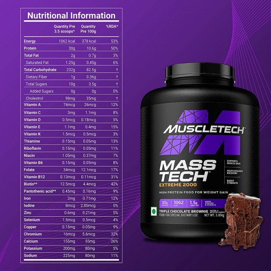 MuscleTech MassTech Extreme 2000 High Protein Food For Weight Gainer (30g Protein, 1062 Kcal, 1.5g Creatine & Added Vitamin & Minerals) Veg Mass Gainer -Chocolate -3Kg (10 Servings)