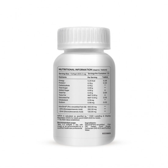 Newedge Triple Strength Omega 3 Capsule | Fish Oil Capsules for Men & Women | For Heart, Eye, Joints & Brain Health | EPA 295.50 mg DHA 130 mg Maxsimil 650mg - 30 Softgels (Pack of 1) Newedge Triple Strength Omega 3 Capsule | Fish Oil Capsules for Men & Women | For Heart, Eye, Joints & Brain Health | EPA 295.50 mg DHA 130 mg Maxsimil 650mg - 30 Softgels (Pack of 1)