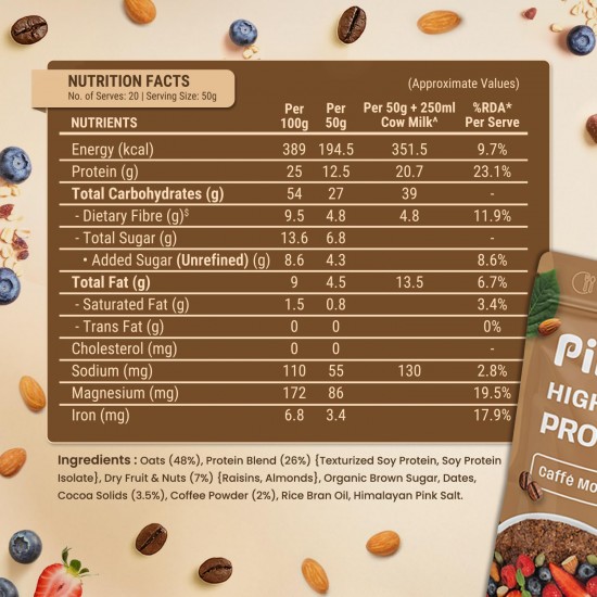 PINTOLA 25g High Protein Oats 1kg, Caffè Mocha, No Refined Sugar, with Almonds & Raisins, High Fibre, Rolled Oats, Breakfast Cereals | Gluten Free PINTOLA 25g High Protein Oats 1kg, Caffè Mocha, No Refined Sugar, with Almonds & Raisins, High Fibre, Rolled Oats, Breakfast Cereals | Gluten Free