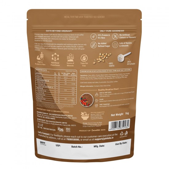 PINTOLA 25g High Protein Oats 1kg, Caffè Mocha, No Refined Sugar, with Almonds & Raisins, High Fibre, Rolled Oats, Breakfast Cereals | Gluten Free PINTOLA 25g High Protein Oats 1kg, Caffè Mocha, No Refined Sugar, with Almonds & Raisins, High Fibre, Rolled Oats, Breakfast Cereals | Gluten Free