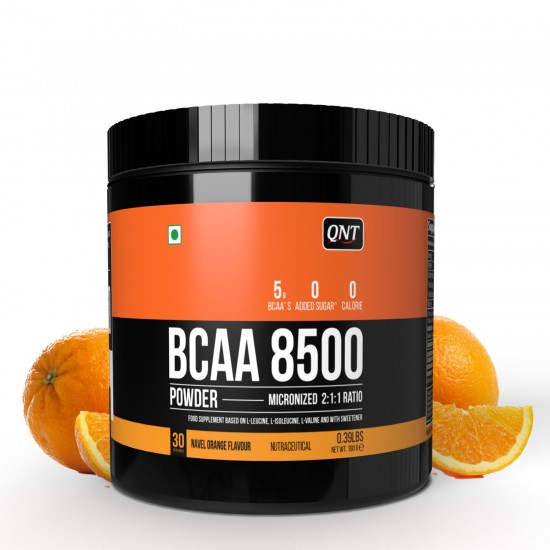 QNT BCAA 8500 | 180g | 30 Servings | Naval Orange Flavour | 2500mg L-Leucine, 1250mg L-Isoleucine, 1250mg L-Valine | Hydration & Muscle Recovery Supplement | Pre/Post Workout for Strength & Stamina QNT BCAA 8500 | 180g | 30 Servings | Naval Orange Flavour | 2500mg L-Leucine, 1250mg L-Isoleucine, 1250mg L-Valine | Hydration & Muscle Recovery Supplement | Pre/Post Workout for Strength & Stamina
