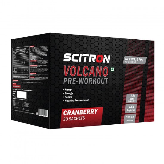 Scitron Volcano Pre Workout (30 Servings, 3.2g Beta Alanine, 1.5g Arginine, 300mg Caffeine, 0g Sugar and Grape Seed Extract) - 270g