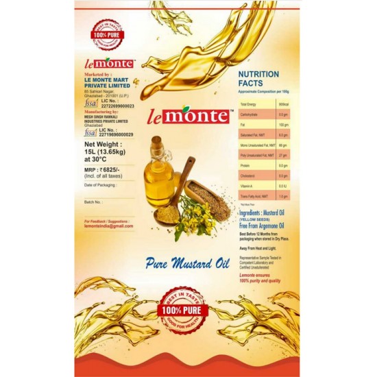 Lemonte Pure Yellow Seeds Mustard Oil (15 Ltr)