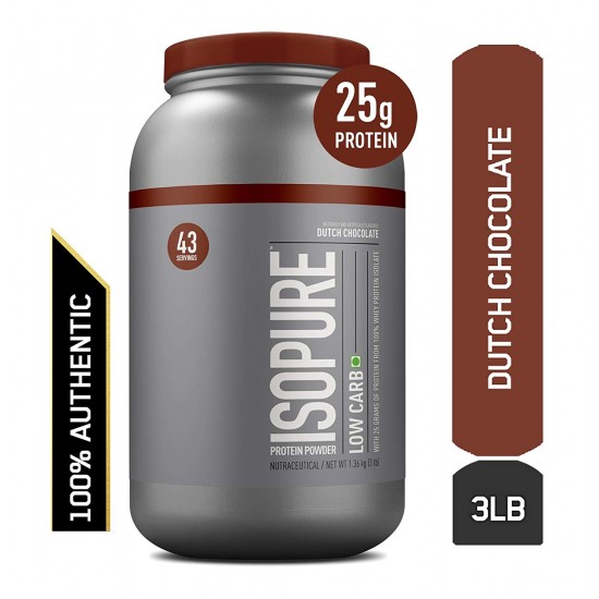 Isopure Low Carb 100% Whey Protein Isolate Powder - 3 lbs, 1.36 kg (Chocolate), 25g Protein per serve, Lactose-Free, Gluten-Free, Vegetarian protein for Men & Women.